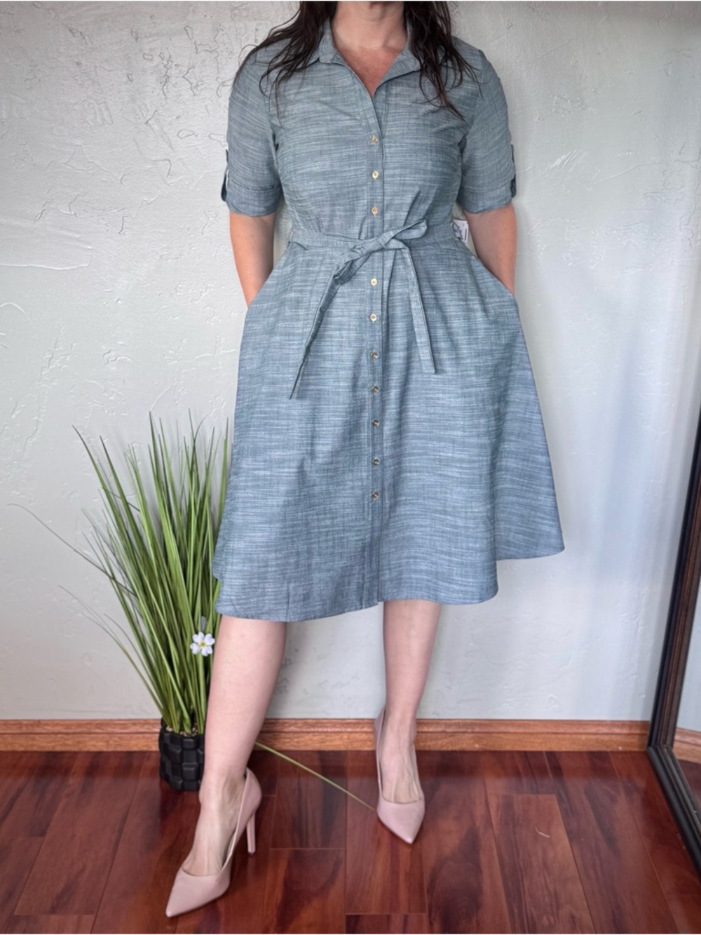 Sharagano Dusty Blue Tie-Waist Button Front Midi Shirt Dress with Pockets